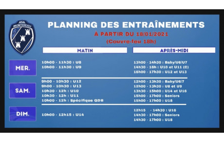 Nouveau planning des entrainements !